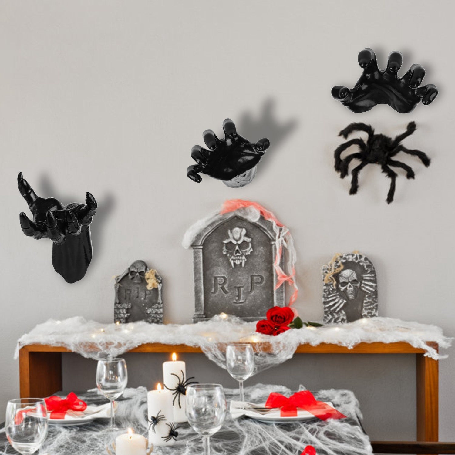 3-Piece Life-Size Creepy Reaching Hands with Lighted Candles – Gothic Halloween Wall Décor, Witch & Devil Horror Sculpture