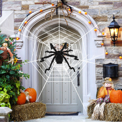 1-Pc 49” Halloween Outdoor Spider with 126” Poseable Web – Creepy Tarantula Yard Decoration for Haunted Halloween