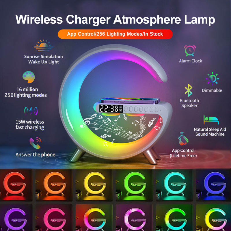 G Shaped LED Smart Lamp – Bluetooth Speaker & Wireless Charger, App Control RGB Atmosphere Light for Bedroom & Desk