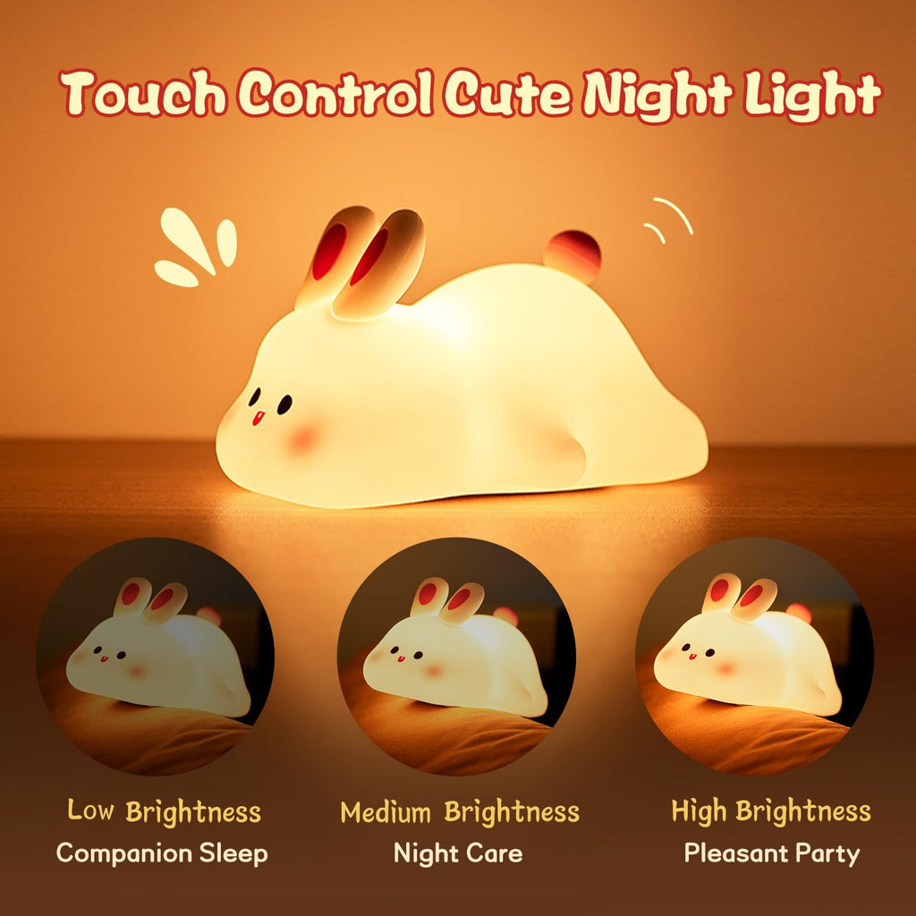 Cute Rabbit LED Night Light – Touch Sensor Silicone Lamp for Kids, Rechargeable Bedside Cartoon Night Lamp, Soft Glow Home Decor Gift