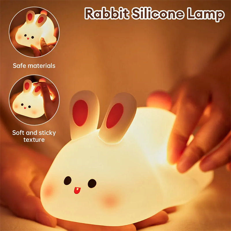 Cute Rabbit LED Night Light – Touch Sensor Silicone Lamp for Kids, Rechargeable Bedside Cartoon Night Lamp, Soft Glow Home Decor Gift