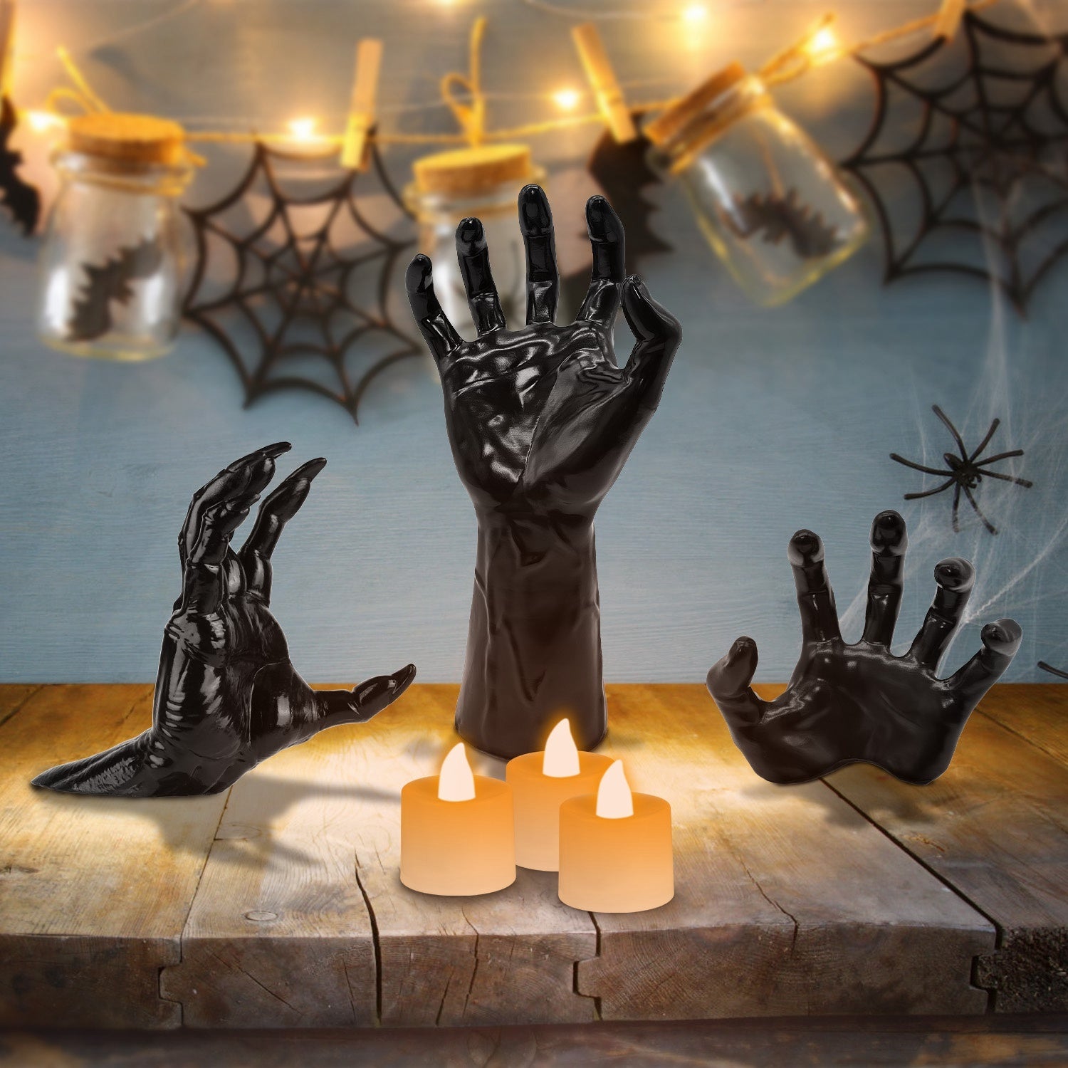 3-Piece Life-Size Creepy Reaching Hands with Lighted Candles – Gothic Halloween Wall Décor, Witch & Devil Horror Sculpture