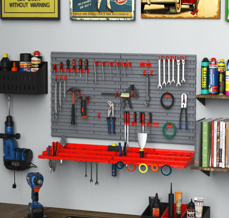 DURHAND Wall-Mounted Tool Organizer – Pegboard with Shelf & 50 Hooks"